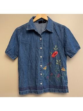 Erika Floral Denim Blouse Button Up Size Small